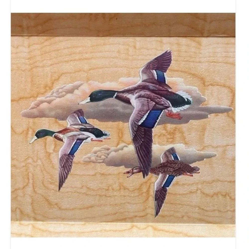 Vintage HASKO Serving Tray Set (2) Wood Grain Mallard Ducks Lithograph 8" x 17" - Picture 3 of 5